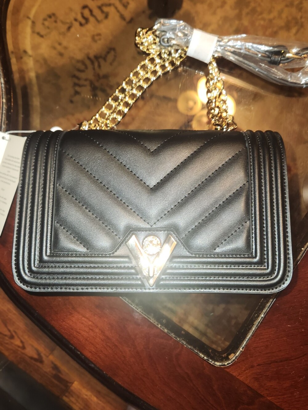 Valntino Orlandi Black Quilted Chain Shoulder Bag with Gold Hardware